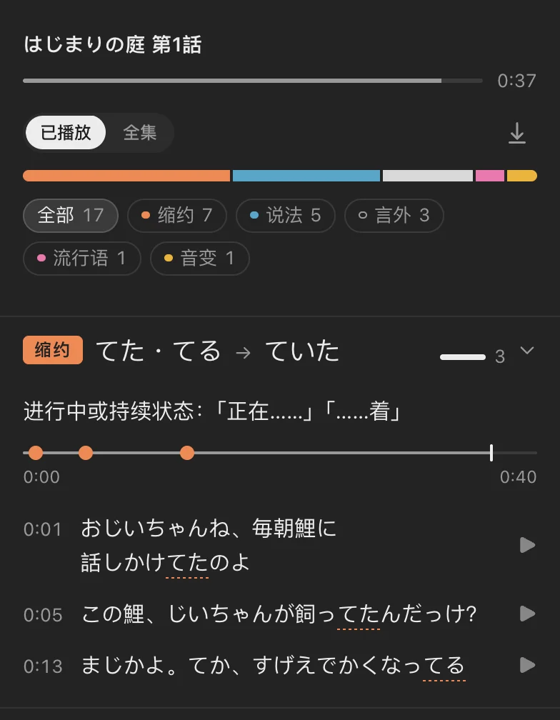 口语本：はじまりの庭 第1話，已播放进度、类别分布条，展开的「てた・てる」缩约和出现的三句